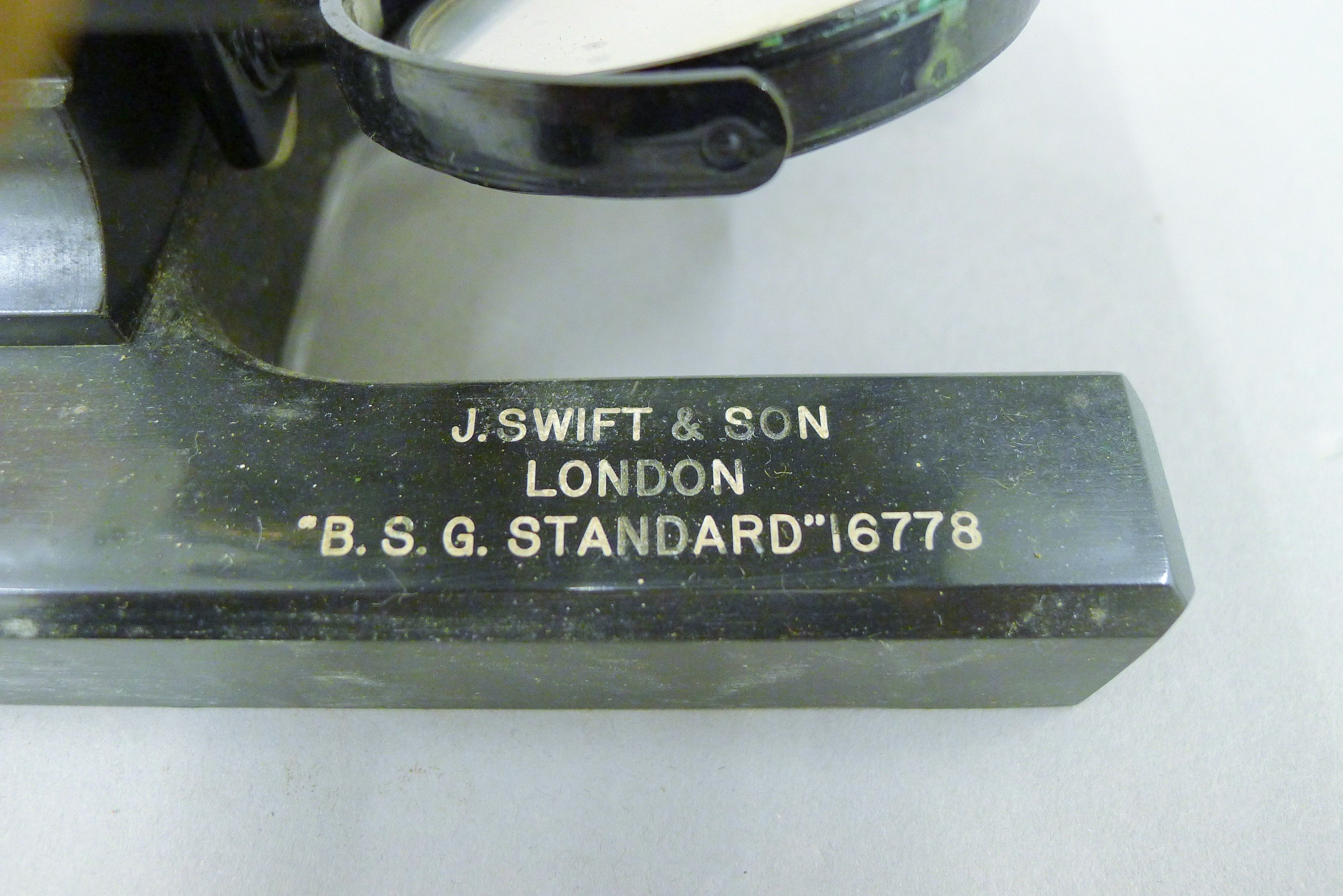 A 1920's mahogany-cased microscope marked for J Swift & Son, London, BSG Standard 16778. - Image 4 of 7