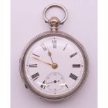A silver gentleman's pocket watch, hallmarked for Chester 1875. 5.5 cm diameter.