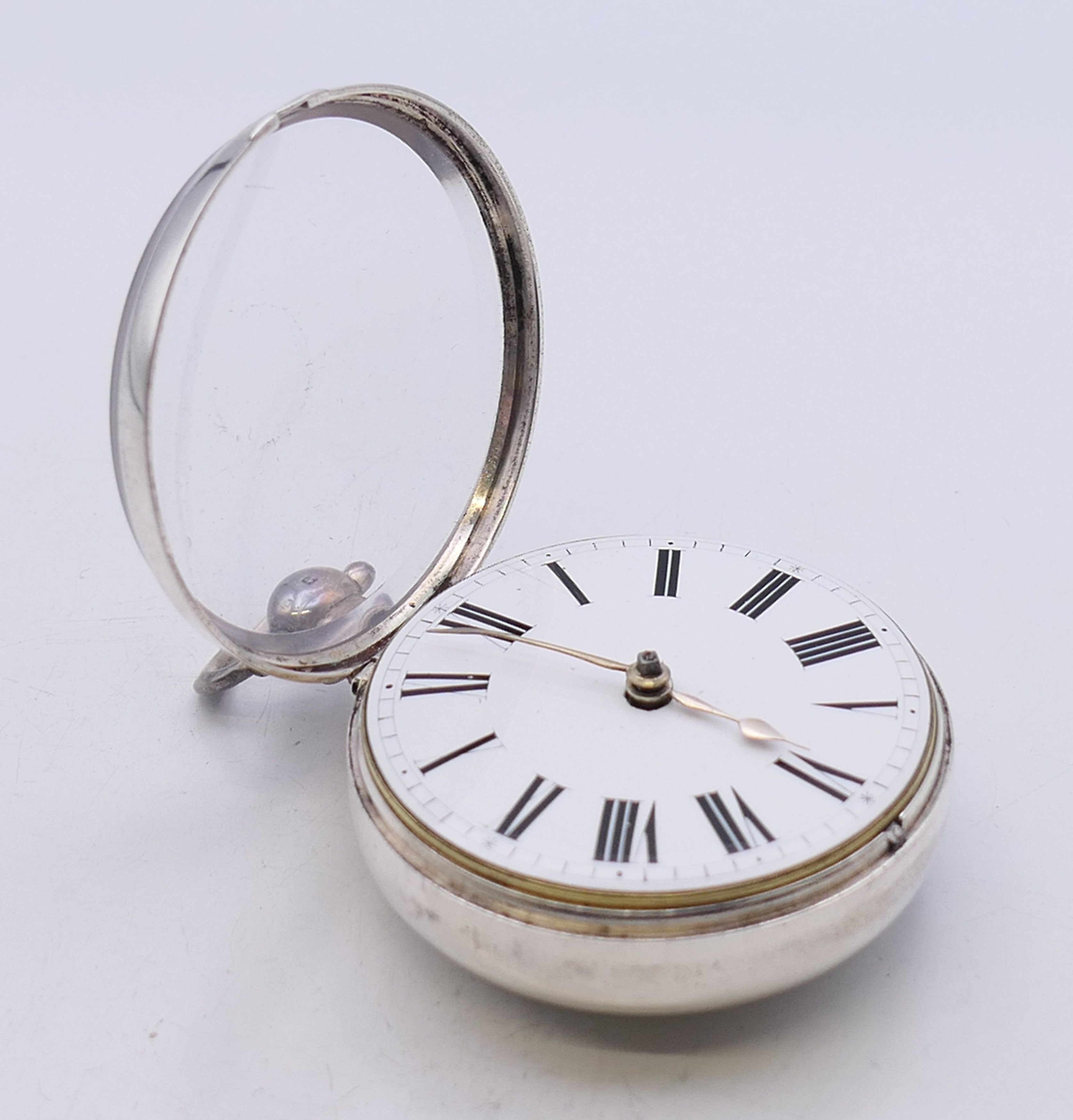 A silver pair cased pocket watch. 5.5 cm diameter. - Image 5 of 8