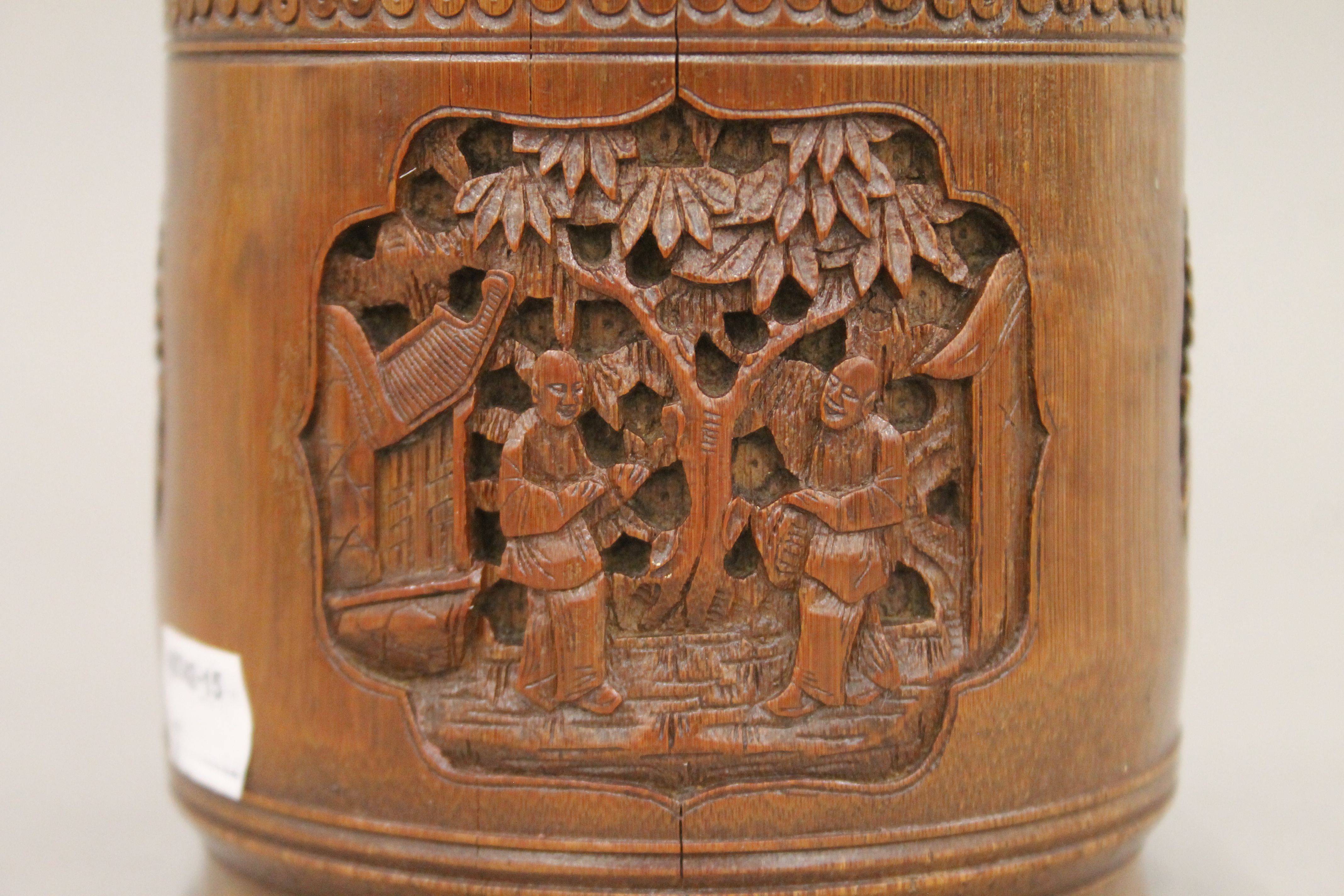 A Chinese cylindrical bamboo box, carved with various figures and mythical beasts, - Image 3 of 7