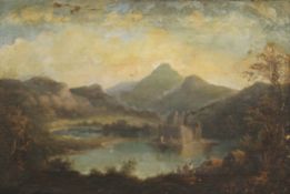 18TH/19TH CENTURY, Castle in a Loch With Mountains Beyond, oil on canvas,