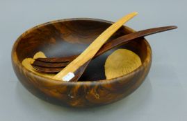 A wooden salad bowl and servers. The bowl 27 cm diameter.