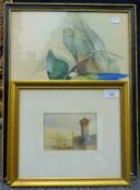 Two 19th century watercolours, and a print of exotic birds, each framed and glazed.
