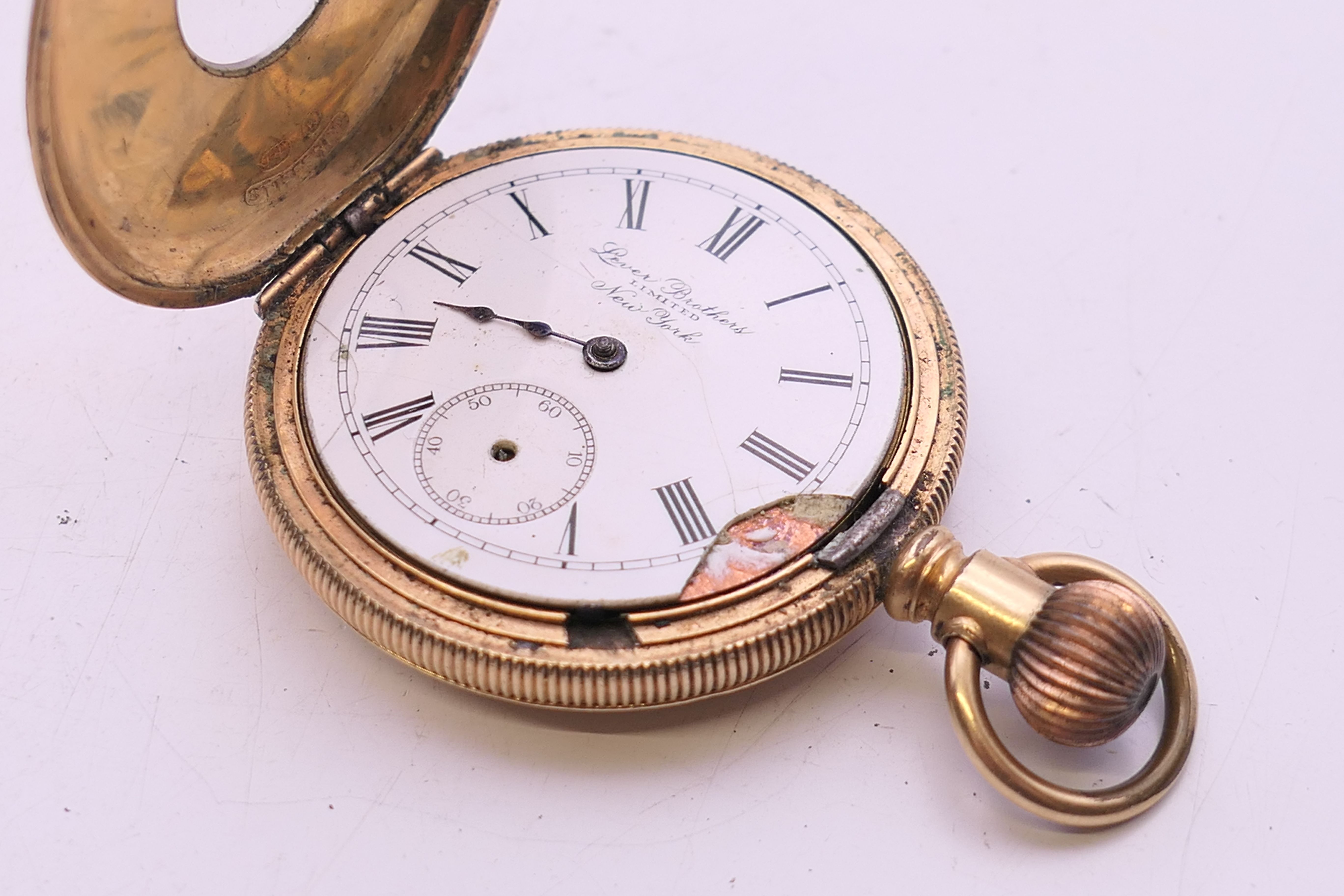 A 14 K gold stiffened half hunter pocket watch. 4 cm diameter. - Image 3 of 7