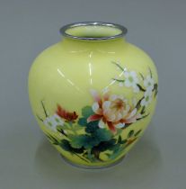 A yellow ground cloisonne vase. 15 cm high.