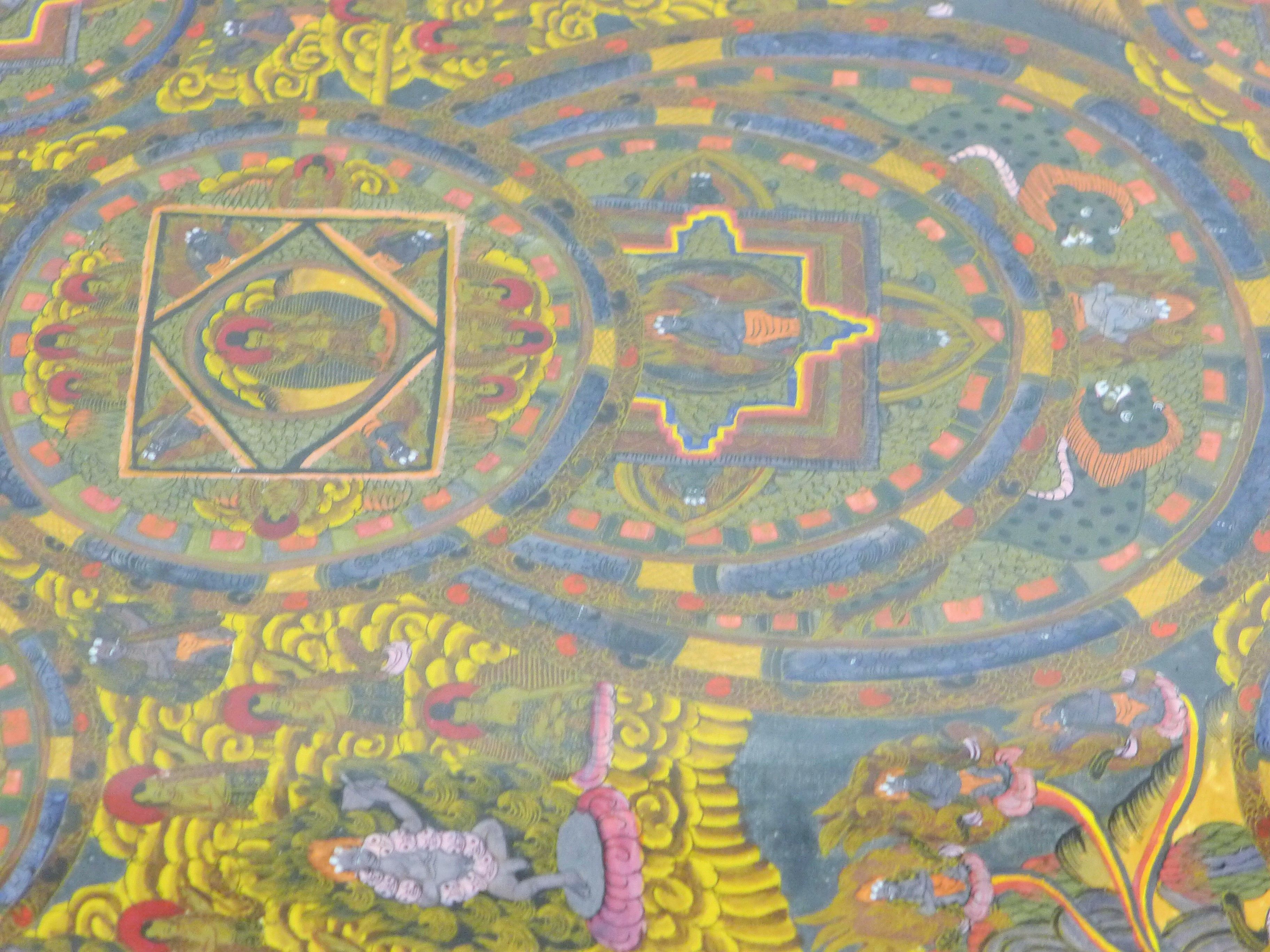 A painted antique Tibetan Buddhist painting (thanka) of deities, animals, reptiles etc. - Image 4 of 7