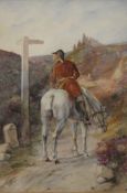 Early 20th watercolour of Man on horse at crossroads, indistinctly signed L H Eggar, dated 1930,