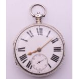 A gentleman's silver pocket watch, hallmarked for London 1874. 5 cm diameter.