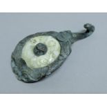 An Chinese archaic-style bronze and jade hook. 14.5 cm high.