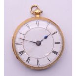 An 18 K gold open-faced pocket watch. 4 cm diameter. 61.8 grammes total weight.