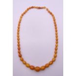 An amber bead necklace. 72 cm long. 65.9 grammes total weight.