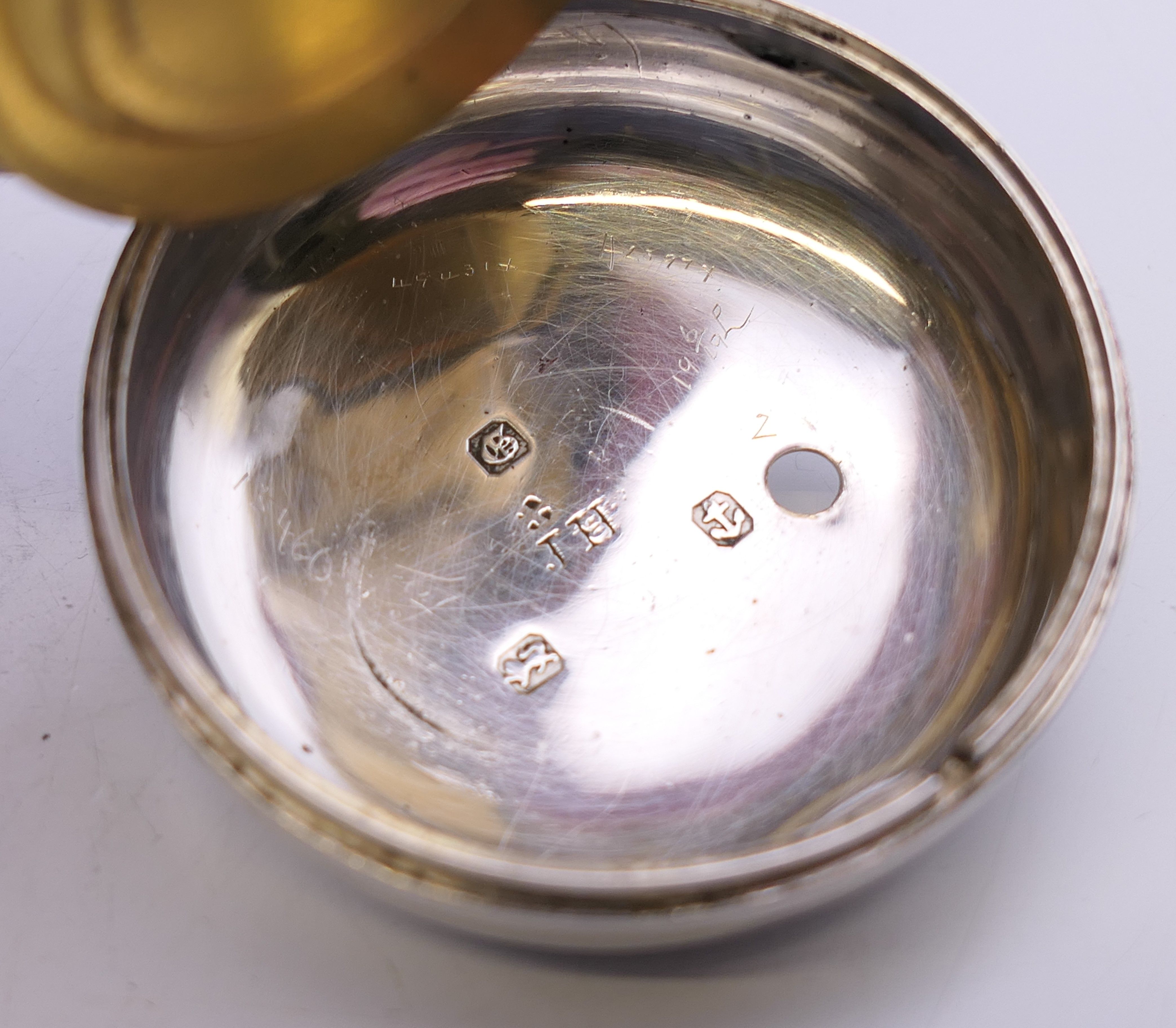 A silver pair cased pocket watch. 5.5 cm diameter. - Image 6 of 8