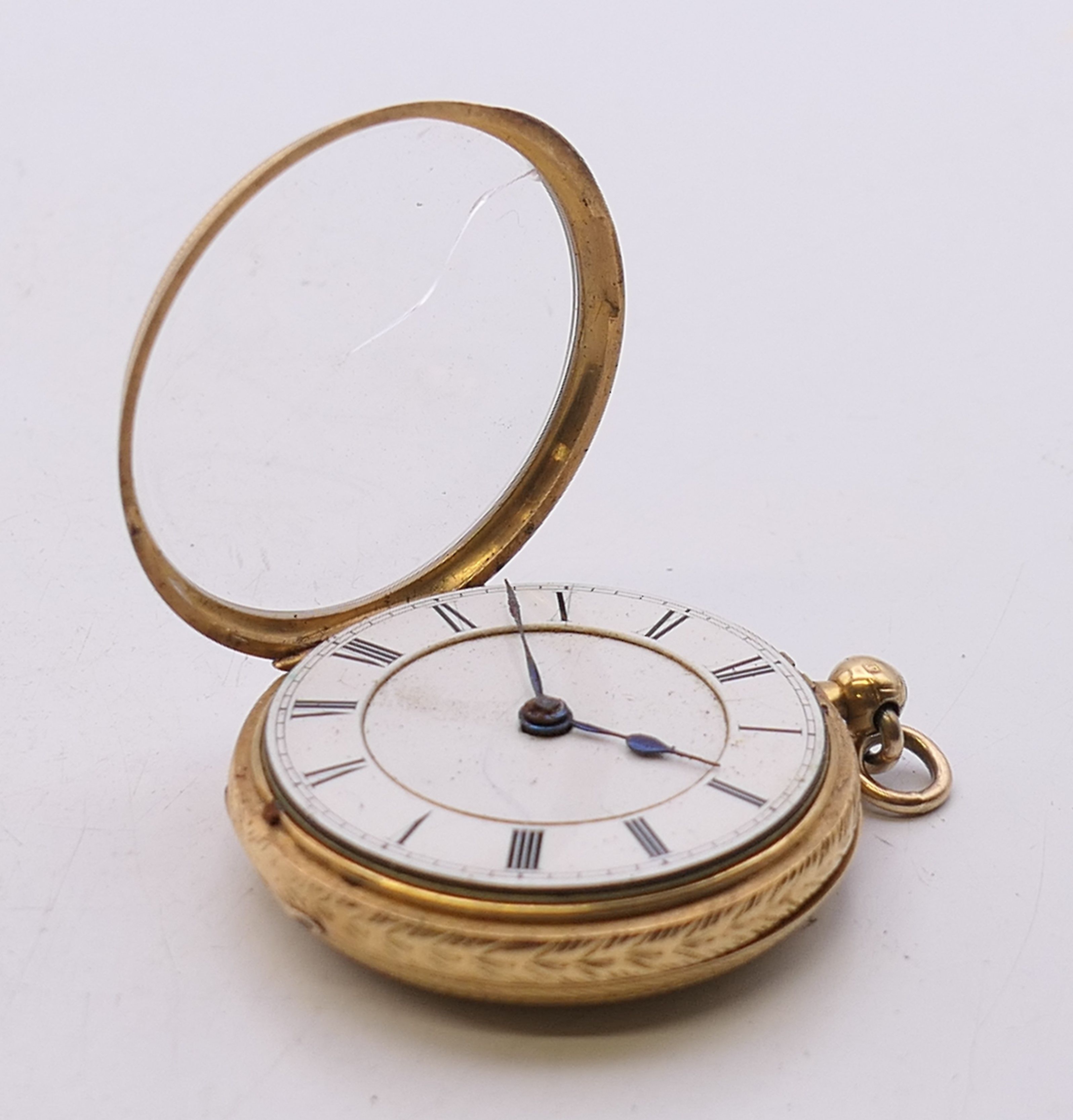 An 18 K gold open-faced pocket watch. 4 cm diameter. 61.8 grammes total weight. - Image 7 of 10