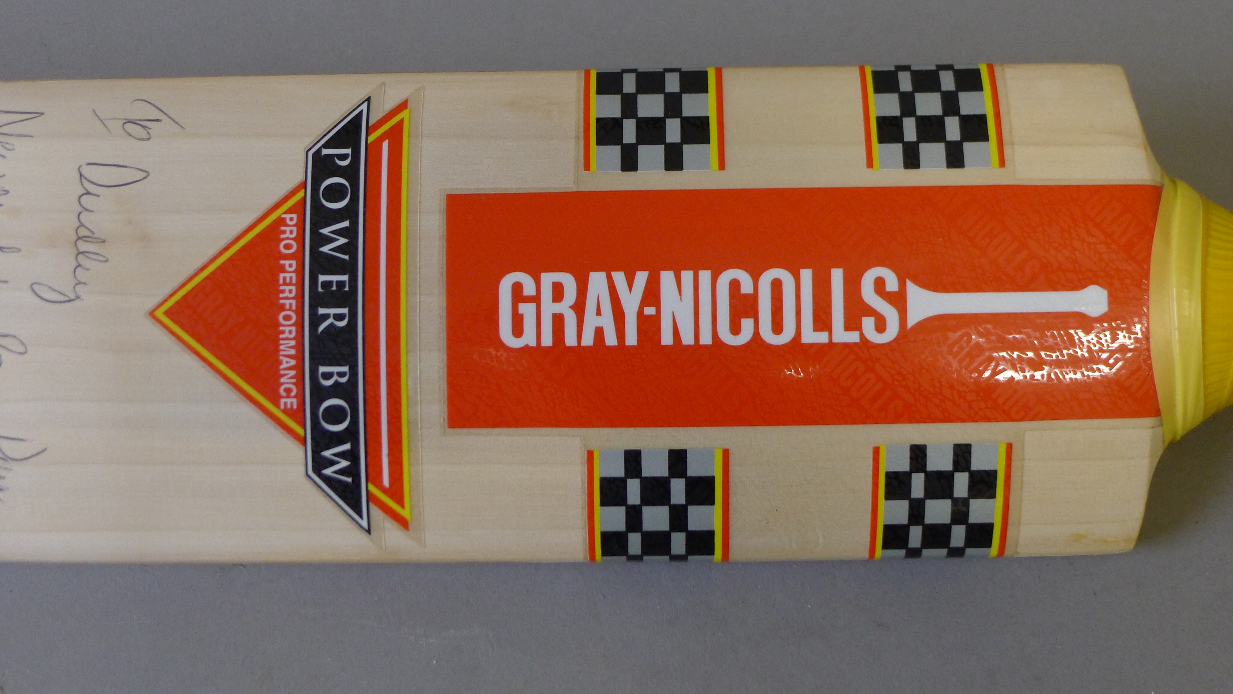 A Gray-Nicholls cricket bat with presentation inscription signed by Mike Gatting. 88 cms high. - Image 4 of 4