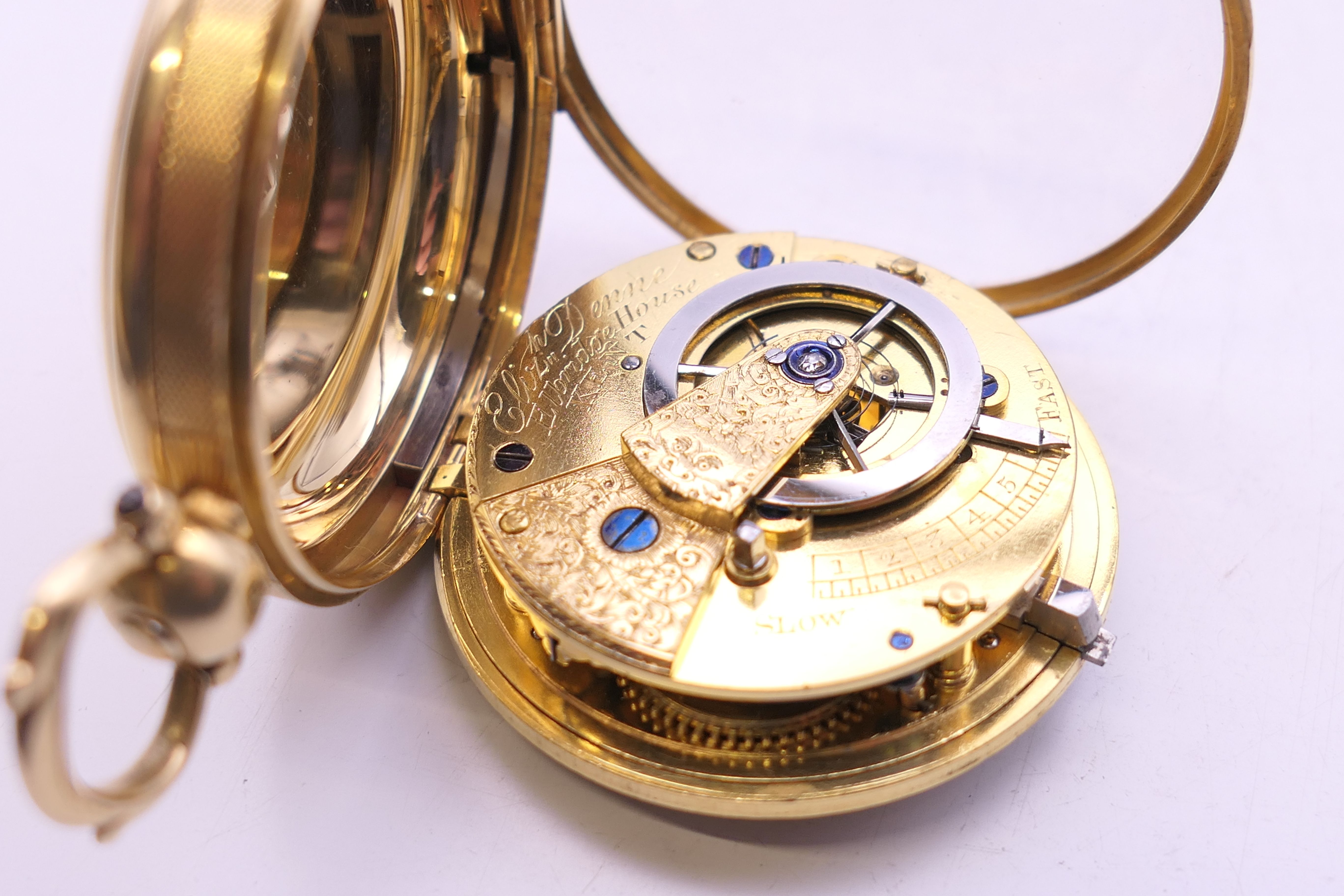 An 18 ct gold cased verge fusee gentleman's open faced pocket watch. 4 cm diameter. 79. - Image 8 of 9