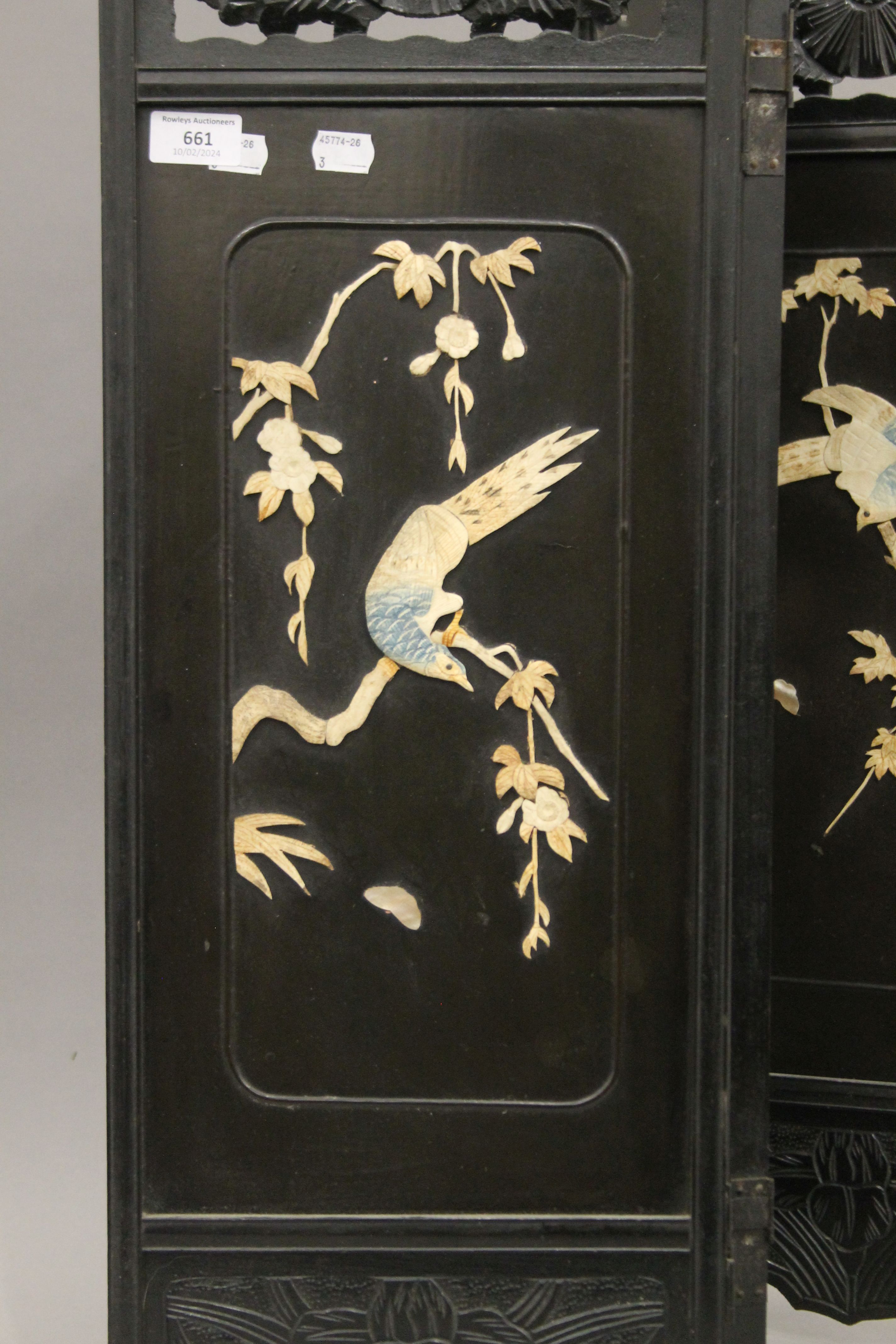An antique Chinese carved folding screen with mother of pearl and bone decoration. 73 cm high. - Image 2 of 6