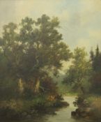 Woodland River Scene, oil on canvas, indistinctly signed, framed. 49.5 x 60 cm.