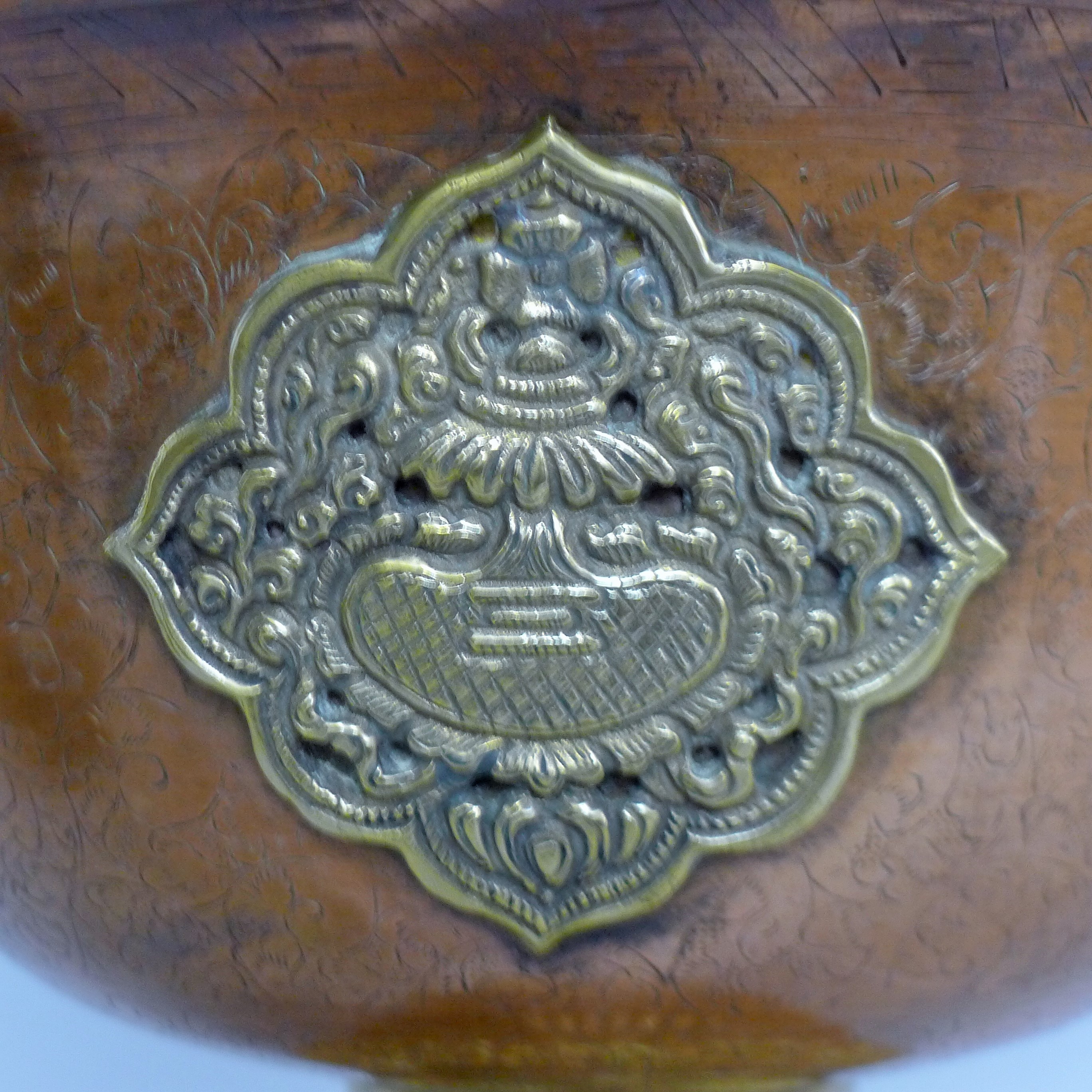 A late 19th century large Tibetan copper and brass butter lamp with silver base rim. - Image 3 of 5