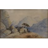 19TH CENTURY, Figures Before Pre-historic Carvings, watercolour, framed and glazed. 16 x 9.5 cm.