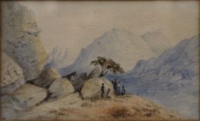 19TH CENTURY, Figures Before Pre-historic Carvings, watercolour, framed and glazed. 16 x 9.5 cm.