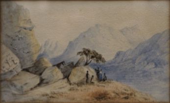 19TH CENTURY, Figures Before Pre-historic Carvings, watercolour, framed and glazed. 16 x 9.5 cm.
