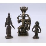 Three antique Indian bronze figures. The largest 9 cm high.