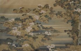 A Japanese hand-coloured coloured print, figures in a lakeland landscape, framed and glazed.