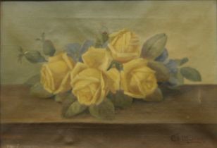 C F MADSEN, Yellow Roses, signed, oil on canvas, framed. 32.5 x 22 cm.