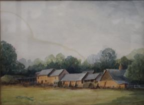 R FLEMING, Farm Buildings, watercolour and J TAUNTON, Country View, watercolour,