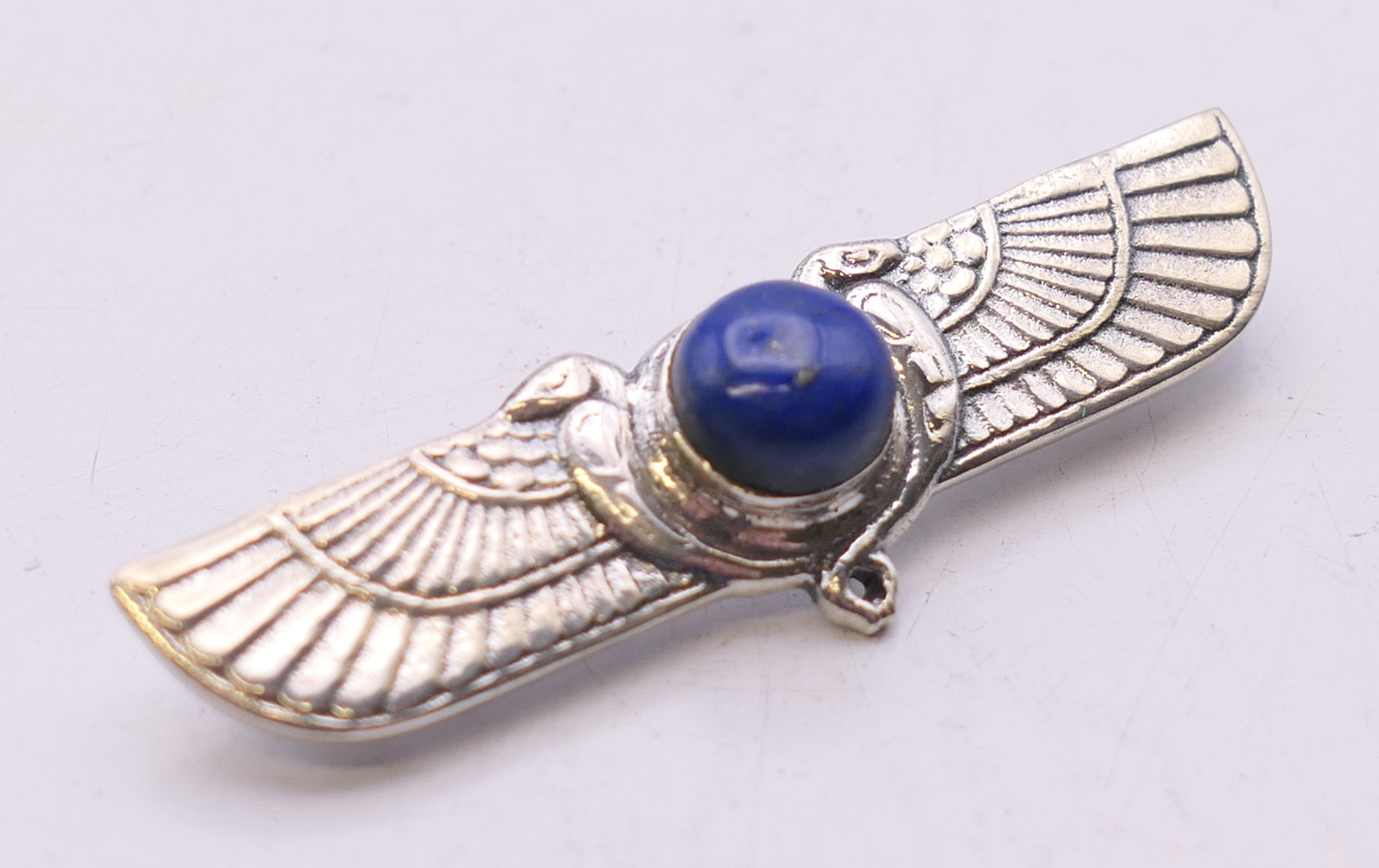 A silver and lapiz Egyptian revival brooch. 5 cm wide. - Image 2 of 3