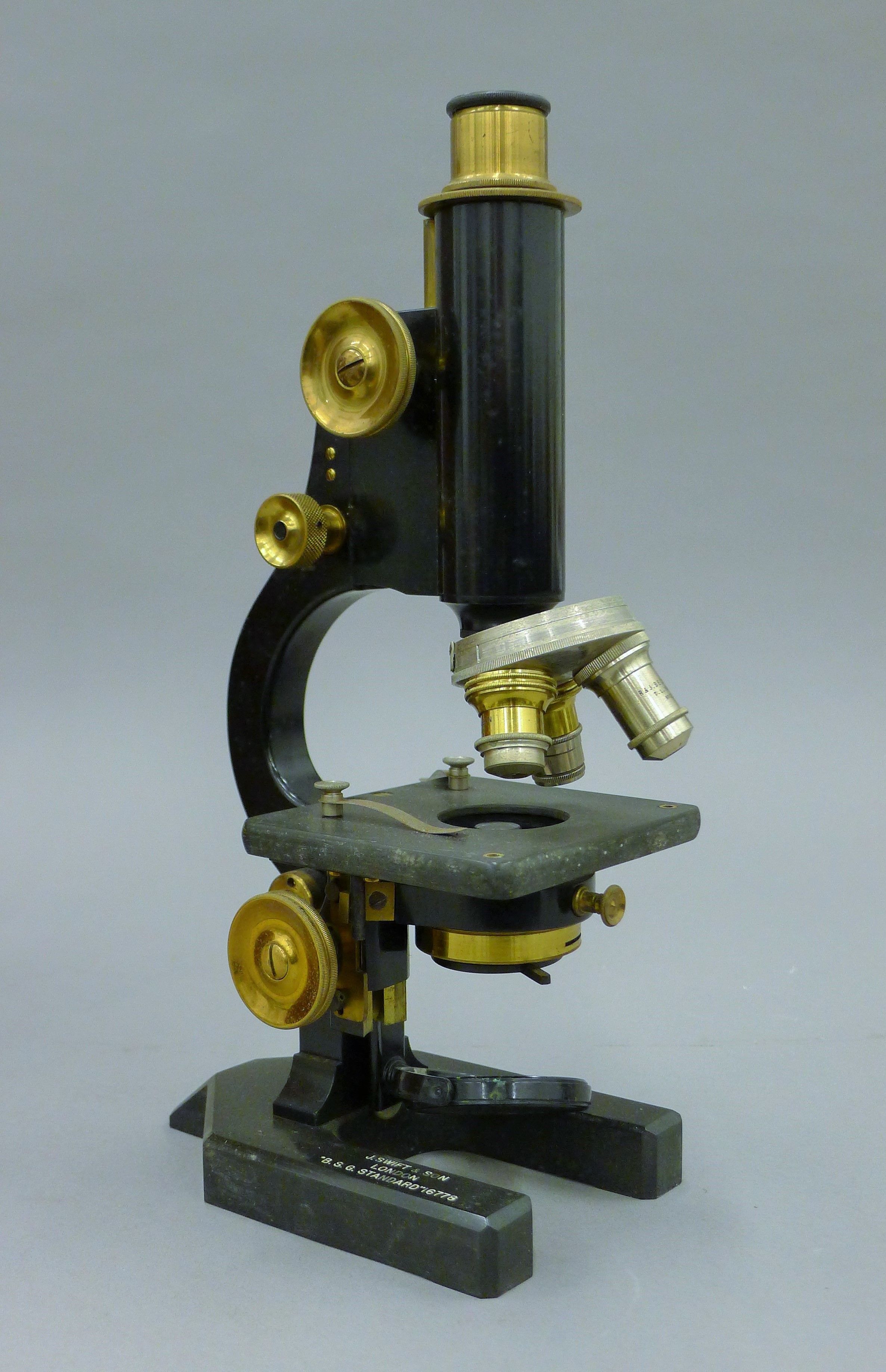 A 1920's mahogany-cased microscope marked for J Swift & Son, London, BSG Standard 16778. - Image 2 of 7