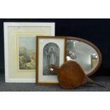 A mahogany mirror, a pair of bellows and two prints. The former 65 cm wide.