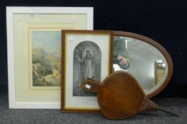 A mahogany mirror, a pair of bellows and two prints. The former 65 cm wide.