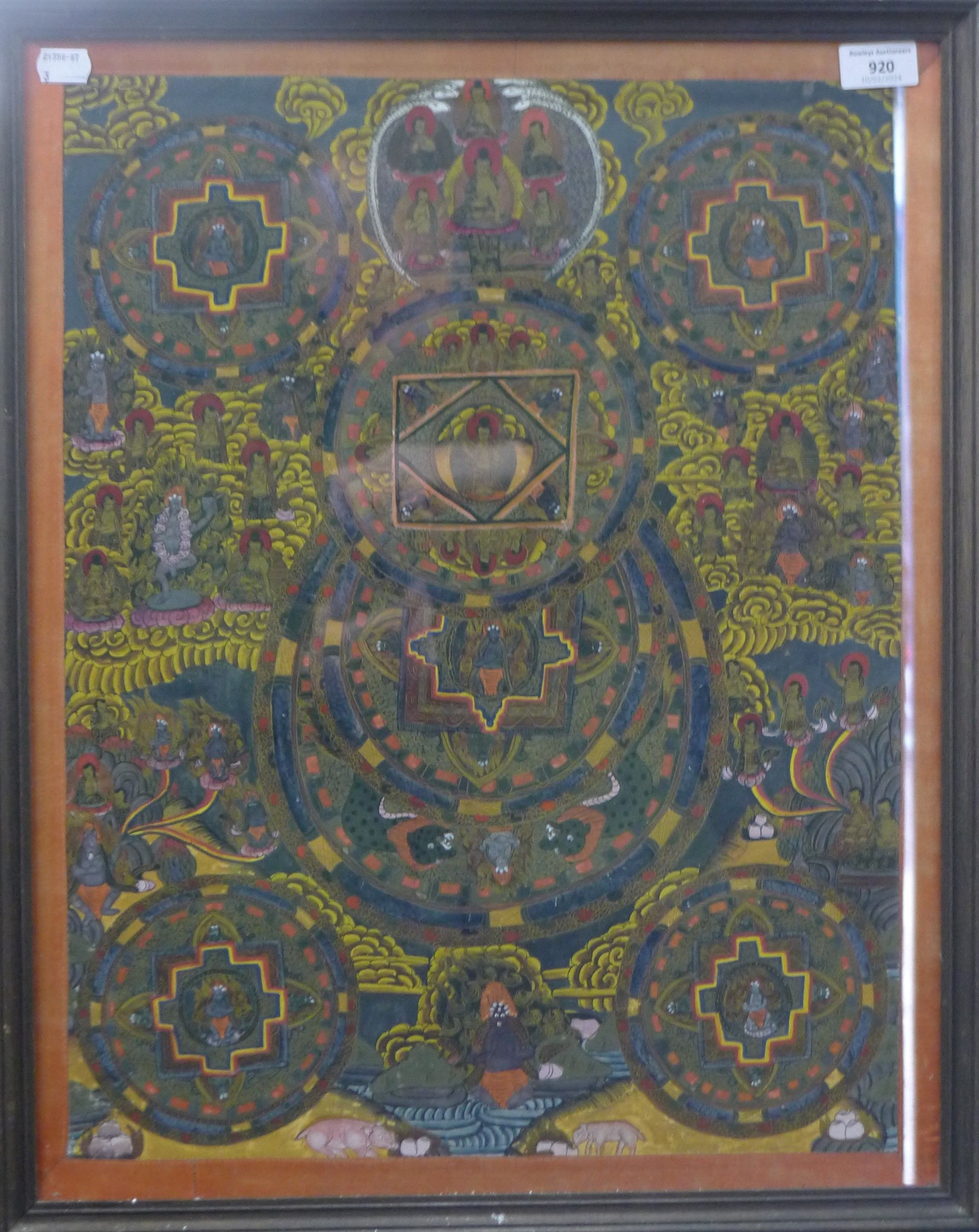 A painted antique Tibetan Buddhist painting (thanka) of deities, animals, reptiles etc.