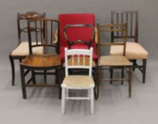 A quantity of various 19th century and later chairs and a fire screen. The latter 64 cm wide.