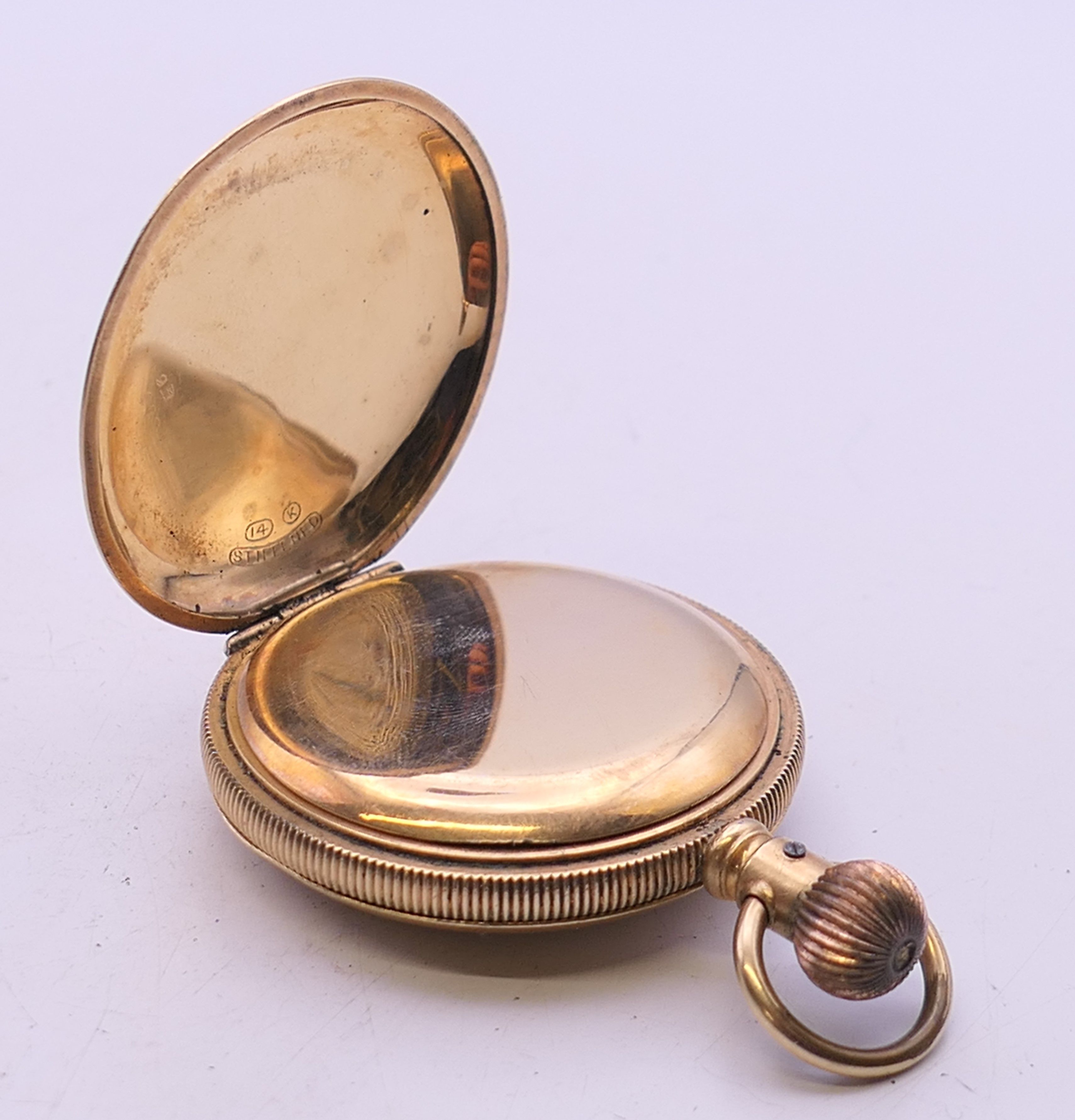 A 14 K gold stiffened half hunter pocket watch. 4 cm diameter. - Image 4 of 7