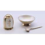 Volmer Bahner (Danish), an enamel and silver salt, spoon and pepper. The latter 3.5 cm high.