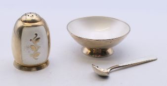 Volmer Bahner (Danish), an enamel and silver salt, spoon and pepper. The latter 3.5 cm high.