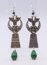 A pair of silver and jade Egyptian revival earrings. 8.5 cm high.