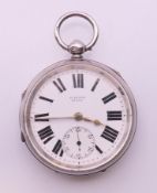 A silver pocket watch hallmarked for Chester 1905, the dial marked H Stone, Leeds. 5.5 cm diameter.