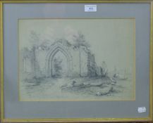 Three 19th century pencil sketches one of a church and monument, two of ruined buildings,