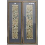 A pair of Chinese embroidered silk panels, framed and glazed. Each 9.5 cm x 50.5cm.