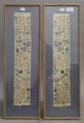 A pair of Chinese embroidered silk panels, framed and glazed. Each 9.5 cm x 50.5cm.