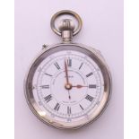 A silver-plated Liga chronograph gentleman's pocket watch. 5.5 cm diameter.