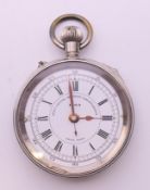 A silver-plated Liga chronograph gentleman's pocket watch. 5.5 cm diameter.