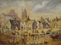 HILDA COOPER (20th century) British, Ely Cattle Market, oil on board, framed. 39 x 29.5 cm.