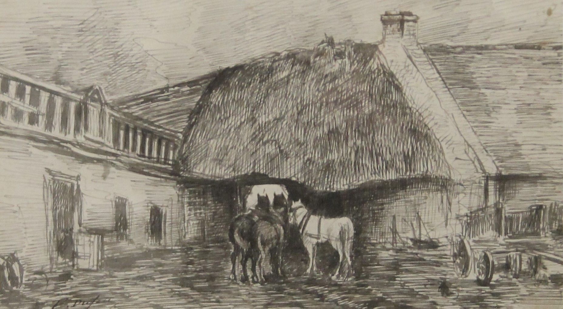 EDOUARD JACQUES DUFEU, Horses in Farmyard, pen and ink, framed and glazed. 27 x 15 cm.