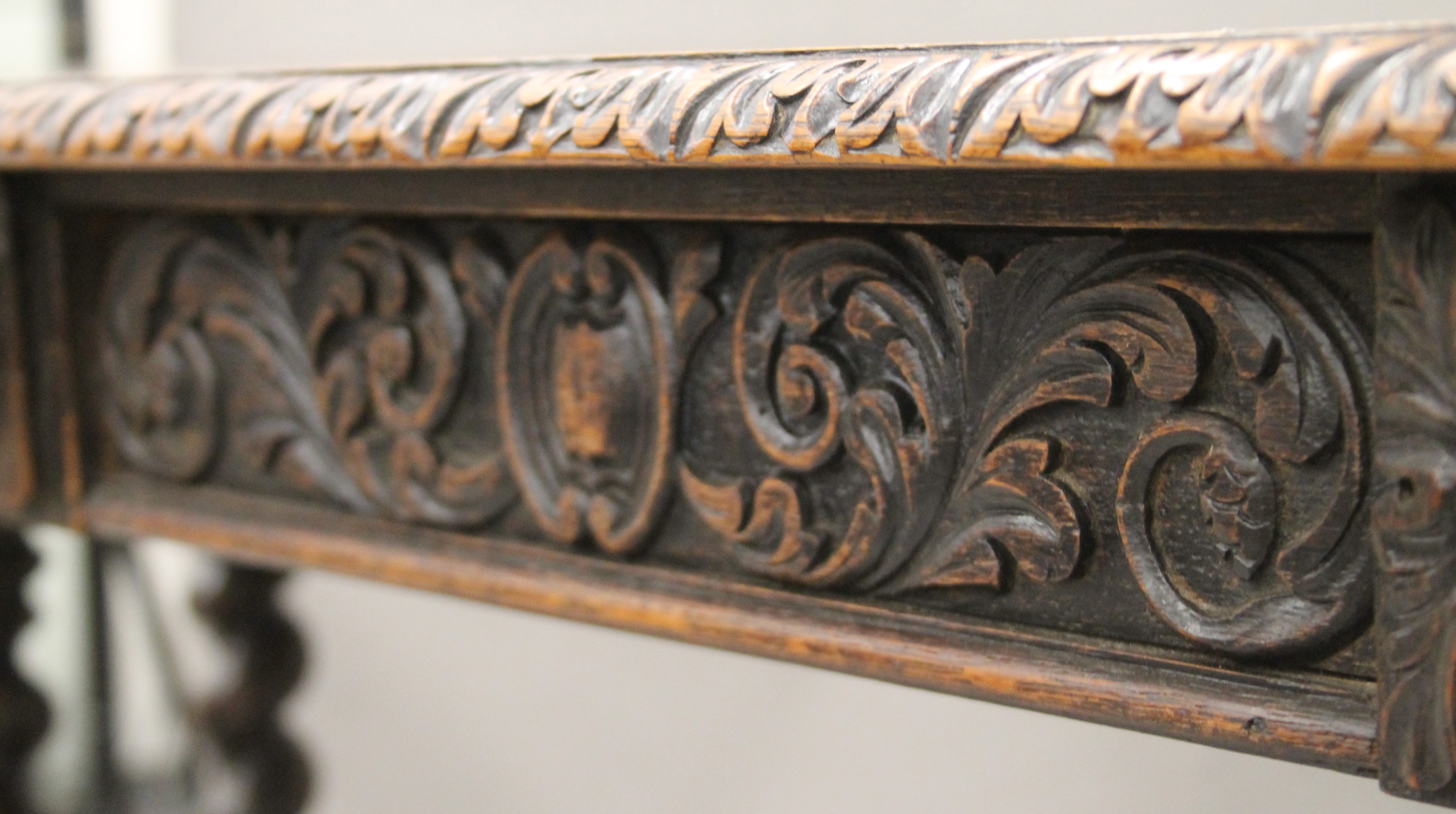 A Victorian carved oak barley twist two drawer writing table. 105 cm long. - Image 7 of 9