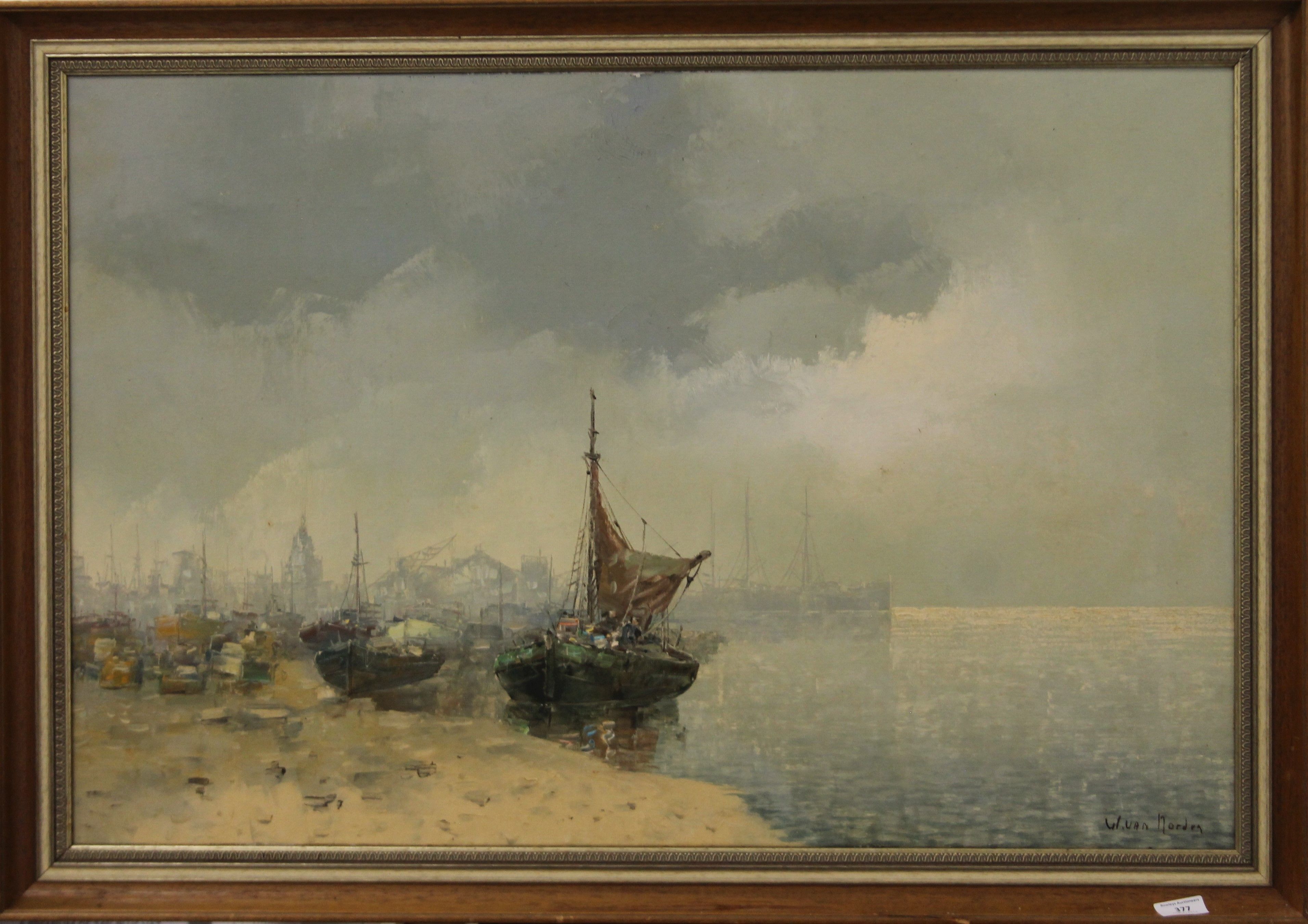 W VAN NORDEN, Ship in a Harbour, oil on canvas, framed. - Image 2 of 5
