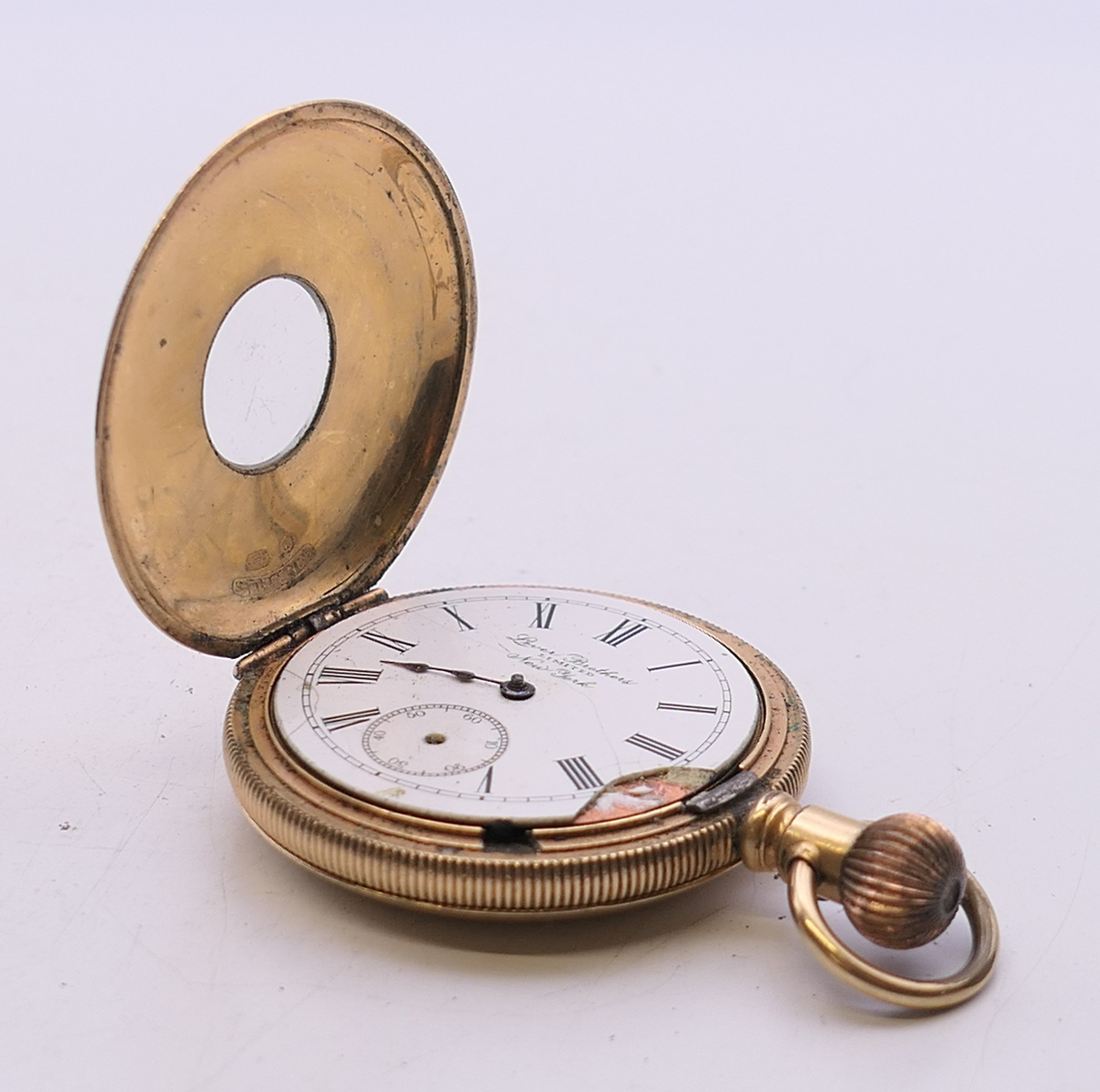 A 14 K gold stiffened half hunter pocket watch. 4 cm diameter. - Image 2 of 7